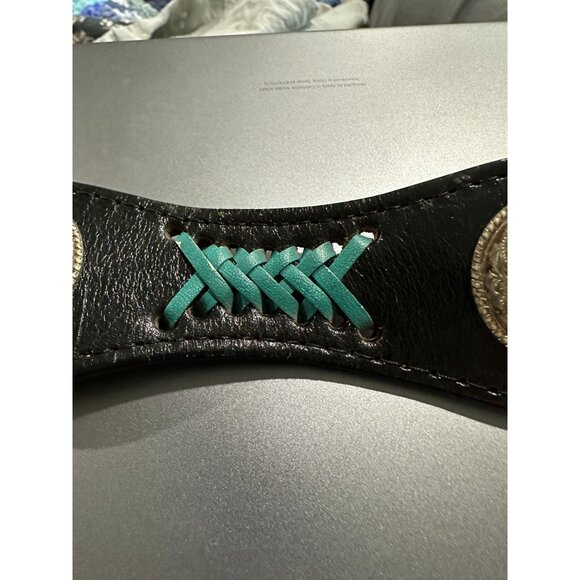 Vtg Womens Belt Sz S/M Black Leather Western Cowgirl Scalloped Silver Medallions main image 13